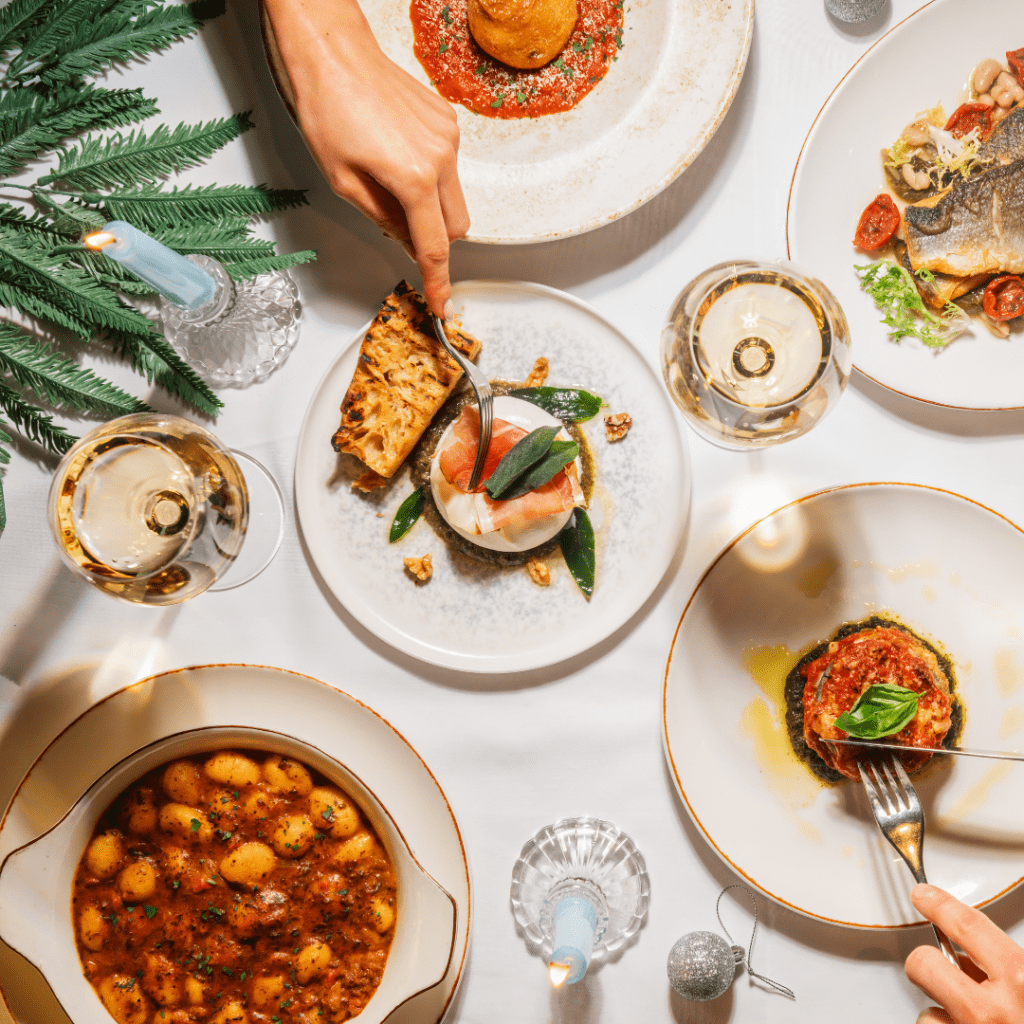 A table full of food photographed from above at Piccolino